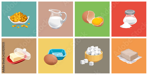 Fotomural vector set of realistic pitcher of milk butter sugar salt