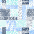Seamless vintage pattern in patchwork style. Blue-white doodle ornament. Print with marine motifs. Vector illustration.