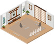 Schematic vector illustration of the dojo in isometric. The correct location on the tatami. The names of the parts of the dojo. 