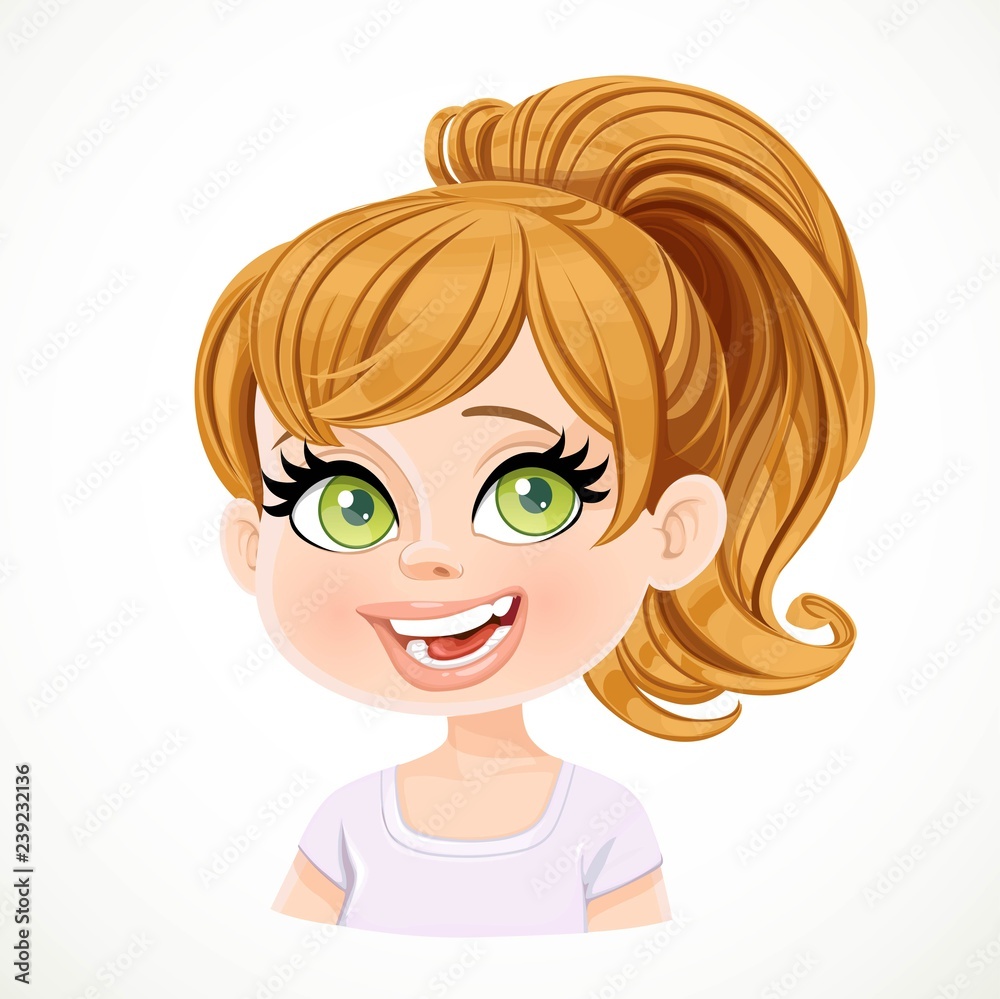 Beautiful enthusiastic cartoon fair-haired girl with hair gathered in  ponytail portrait isolated on white background Stock Vector | Adobe Stock, image size:1000x999