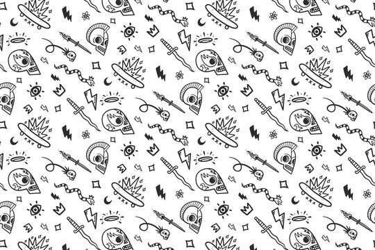 Wall Mural -  - Black and white vector old school tattoos pattern on white background, doodle illustration