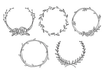 vector illustration of hand drawn wreaths. cute doodle floral wreath frame set.