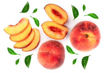 Wall Mural - ripe peaches with leaves isolated on white background. Top view. Flat lay pattern