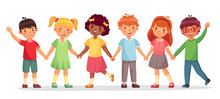 Happy Kids Team. Multinational Childrens, School Girls And Boys Stand Together Holding Hands Isolated Vector Illustration