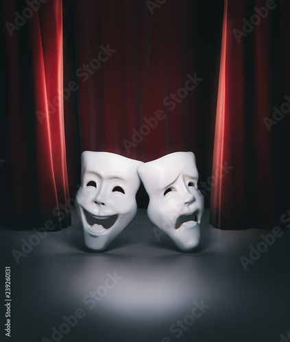 Fotomural theater stage with red curtain and masks / 3D illustration