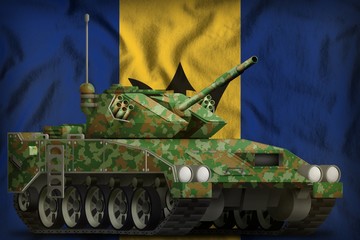 light tank apc with summer camouflage on the Barbados national flag background. 3d Illustration