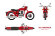 Retro classic motorcycle in realistic style. Side, top and front 3d view. Detailed image of vintage red motorbike on white background