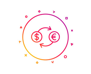 Money exchange line icon. Banking currency sign. Euro and Dollar Cash transfer symbol. Gradient pattern line button. Currency exchange icon design. Geometric shapes. Vector