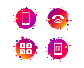 Poster - Phone icons. Smartphone with Qr code sign. Call center support symbol. Cellphone keyboard symbol. Gradient circle buttons with icons. Random dots design. Vector
