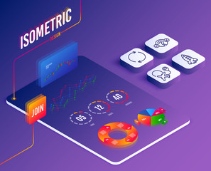 Poster - Isometric vector. Set of Quiz test, Rocket and Full rotation icons. Airplane sign. Select answer, Spaceship, Refresh or reload. Plane.  Software or Financial markets. Analysis data concept. Vector