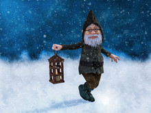 3D Rendering Of A Christmas Gnome In Snowy Wheater.
