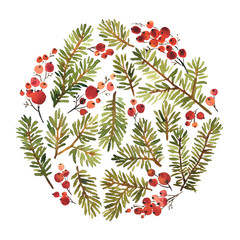 Wall Mural - Watercolor circle composition of spruce and holly berries for Christmas decoration