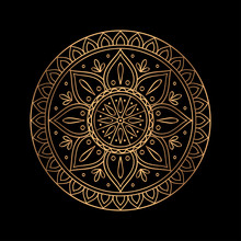 Luxury Gold Black Mandala Vector. Ethnic Royal Pattern Snowflake. Golden Sun Design For Christmas Ornaments, Holiday Card Decoration, Beauty Spa Salon Or Yoga Studio Decor, Wedding Invitation.