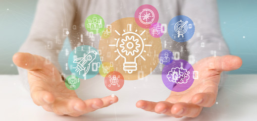 Poster - cloud of colorfull start up icon bubble with data businessman holding a binary 3d rendering