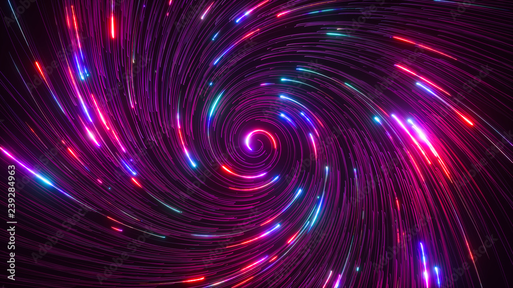 Abstract bright creative cosmic background. Hyper jump into another galaxy. Speed of light, neon glowing twisted lines in motion. Beautiful swirls, colorful vortex. Falling stars. 3d rendering - obrazy, fototapety, plakaty 