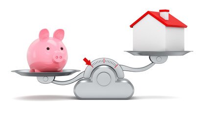 Wall Mural - Piggy bank pig and male small house on scales isolated on white background. 3d render illustration. Piggy bank heavier at home.