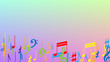 © litvinovaelena86 - Disco Background. Colorful Musical Notes Symbol Falling on Hologram Background. Many Random Falling Notes, Bass and, Treble Clef. Disco Vector Template with Musical Symbols.