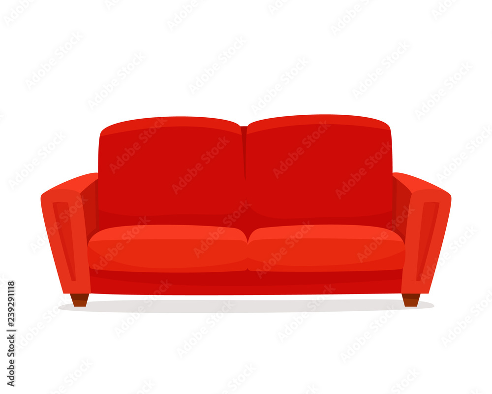Comfortable sofa on white background. Isolated red couch lounge in interior. Flat cartoon style vector illustration. - obrazy, fototapety, plakaty 