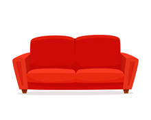 Comfortable Sofa On White Background. Isolated Red Couch Lounge In Interior. Flat Cartoon Style Vector Illustration.