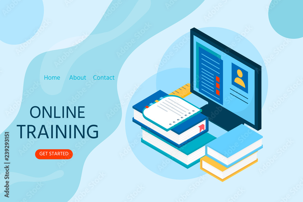 Online education concept. Isometric illustration with book and computer ...