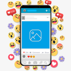 Aufkleber - Emoji happy smiley design with mobile phone. 3d emotion concept illustration background.