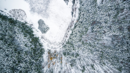Canvas Print - Frozen pond in forest, winter season, aerial view