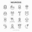 Neurosis thin line icon set: panic attack, headache, fatigue, insomnia, despair, phobia, mood instability, stuttering, psychalgia, dizziness. Modern vector illustration.
