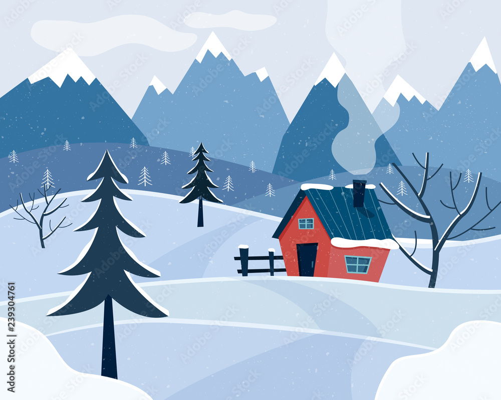 Stock-Vektorgrafik „Winter snowy landscape with mountains and country  house. Christmas season. Flat cartoon style vector illustration.“ | Adobe  Stock, image size:1000x800
