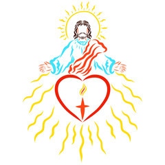 Lord jesus and heart with cross and flame