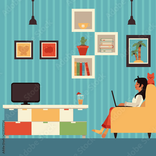 Vector Young Woman Freelancer Sitting In Armchair With