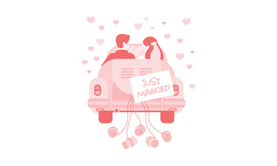 Sticker - Just married bride and groom in car, wedding invitation, greeting card, banner, poster vector Illustration