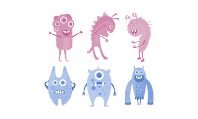 Wall Mural - Colection of cute monsters, blue and purple funny alien character vector Illustration