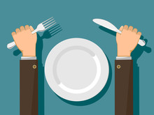 Fork And Knife In Hands And A White Empty Plate.