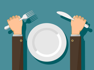 Wall Mural - Fork and knife in hands and a white empty plate.