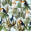 canvas print picture - Seamless pattern with exotic trees and wild bird, parrots and toucans. Interior vintage wallpaper.