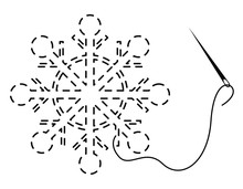 Silhouette Of Snowflake With Interrupted Contour. Vector Illustration Of Handmade Work With Embroidery Thread And Needle On White Background.