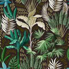  Seamless pattern with exotic trees such us palm and banana. Interior vintage wallpaper.