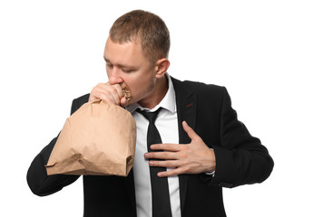 Sticker - Businessman having panic attack on white background