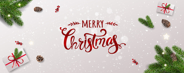 Merry Christmas Typographical on white background with tree branches, berries, gift boxes, stars, pine cones. Xmas and New Year theme. Vector Illustration