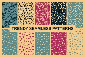 Collection of colorful seamless memphis patterns. Retro fashion design 80-90s.