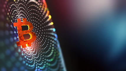 Aufkleber - Bitcoin. Concept of mining cryptocurrency. Blockchain technology in the global digital network. 3D illustration on the background of a polygonal grid with a shallow depth of field