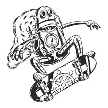 Steampunk Robot Riding On Skateboard. Isolated On White Background.
