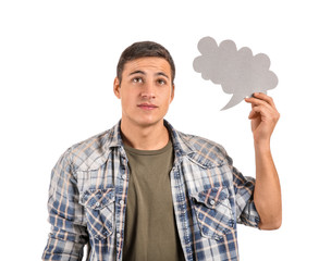 Thoughtful young man with speech bubble on white background