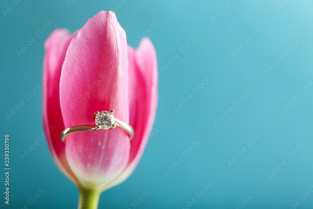 Tulip with engagement ring on color background