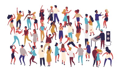 Aufkleber - Crowd of tiny people dancing on dance floor at night club isolated on white background. Happy of men and women having fun at party or music festival. Colored vector illustration in flat cartoon style.
