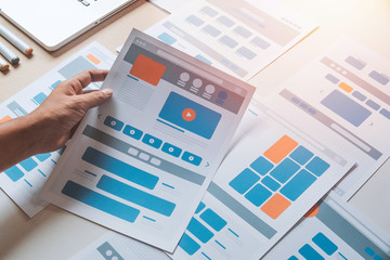 Poster - Website designer Creative planning application developer development draft sketch drawing template layout prototype framework wireframe design studio . User experience concept .