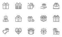 Gift And Surprise Vector Line Icons Set. Gift Box Tied With Ribbon And Decorated With A Bow. Editable Stroke. 48x48 Pixel Perfect.
