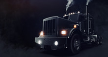 Classic Black Semi Truck On Dark Background With Smoke (3D Illustration)