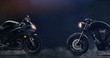 Sports and classic black motorcycles facing each other on dark background with smoke (3D illustration)