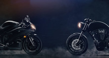 Sports And Classic Black Motorcycles Facing Each Other On Dark Background With Smoke (3D Illustration)